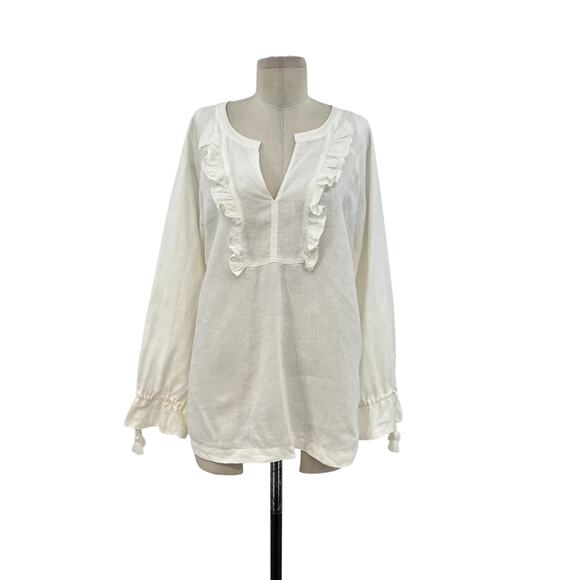 Wrap London Tops - Wrap‎ London Peasant Top Blouse Long Sleeve Ruffle Linen White Size US 12